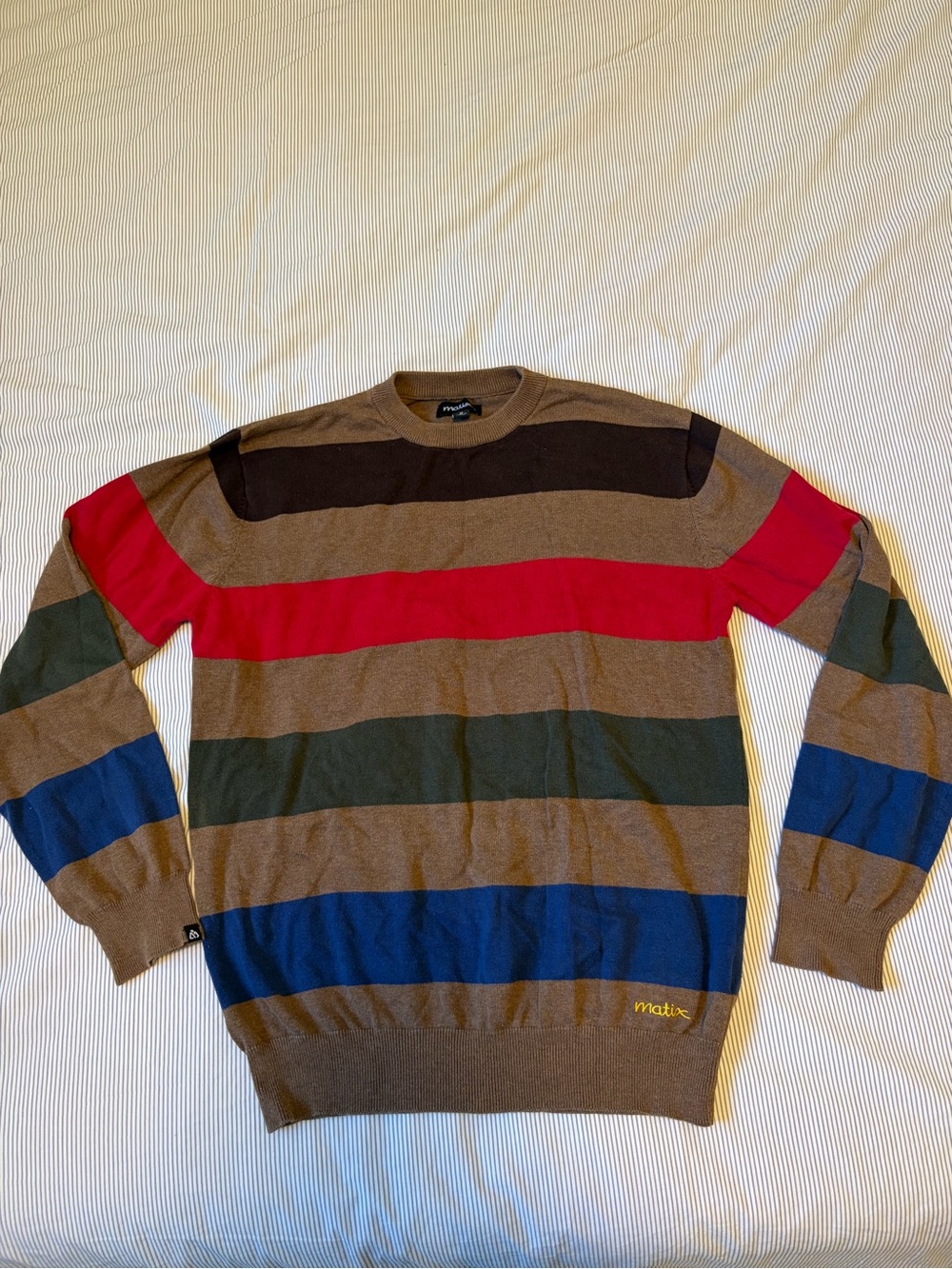 Matix Brown Crewneck Sweater with Red, Green, Blue & Black Stripes